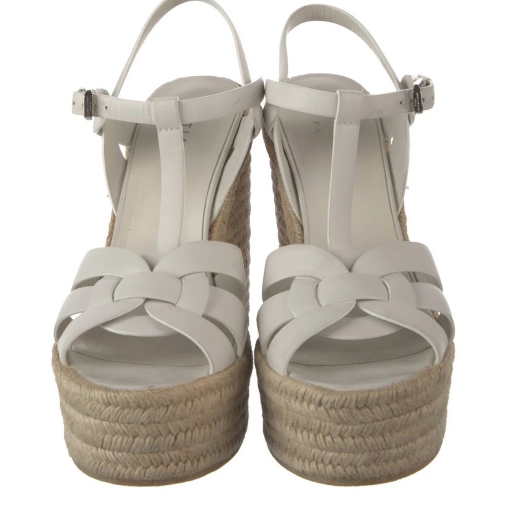 Saint Laurent White Leather Espadrille Wedge Sandals